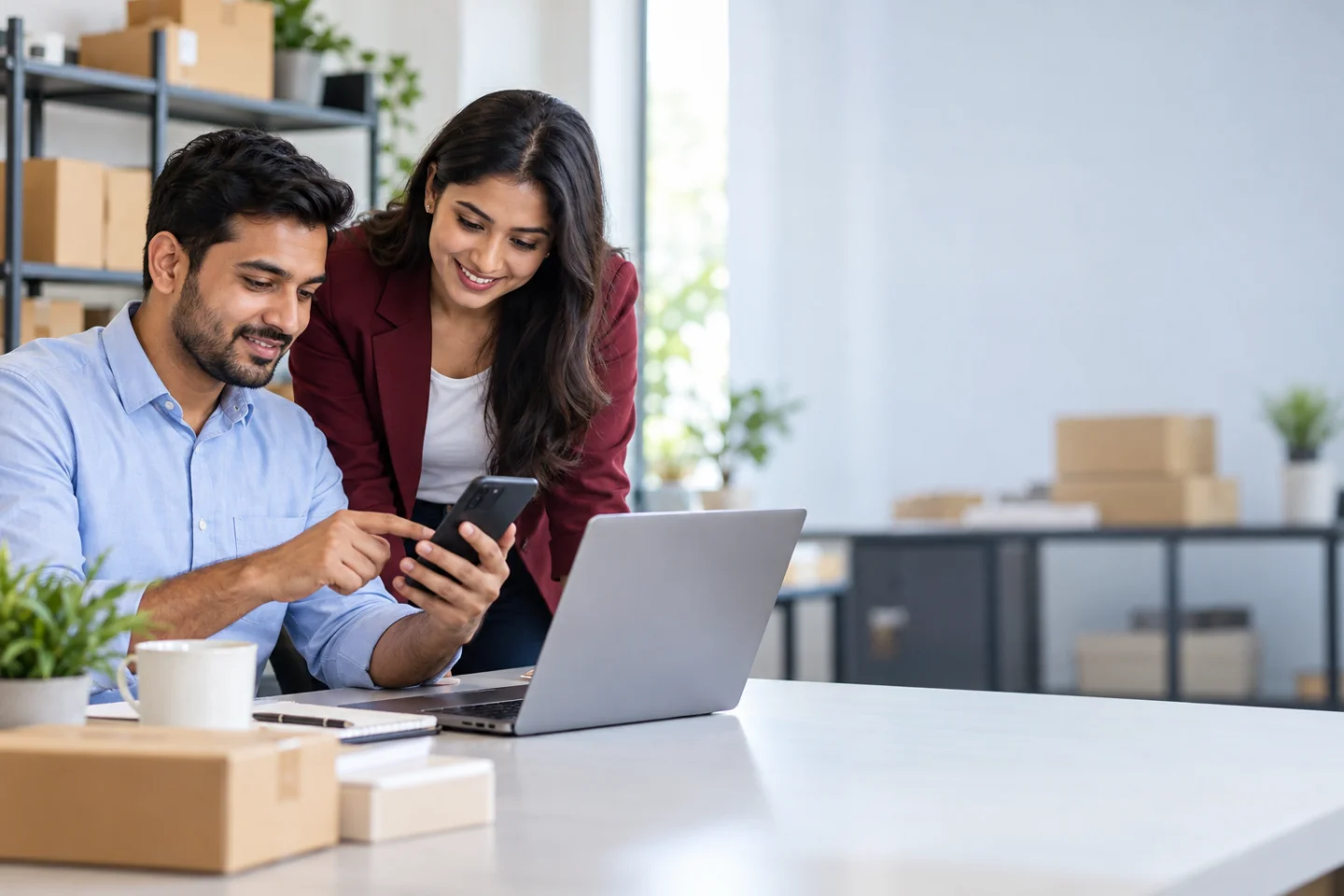 Illustrative scene of a business owner and colleague practising a phone workflow together