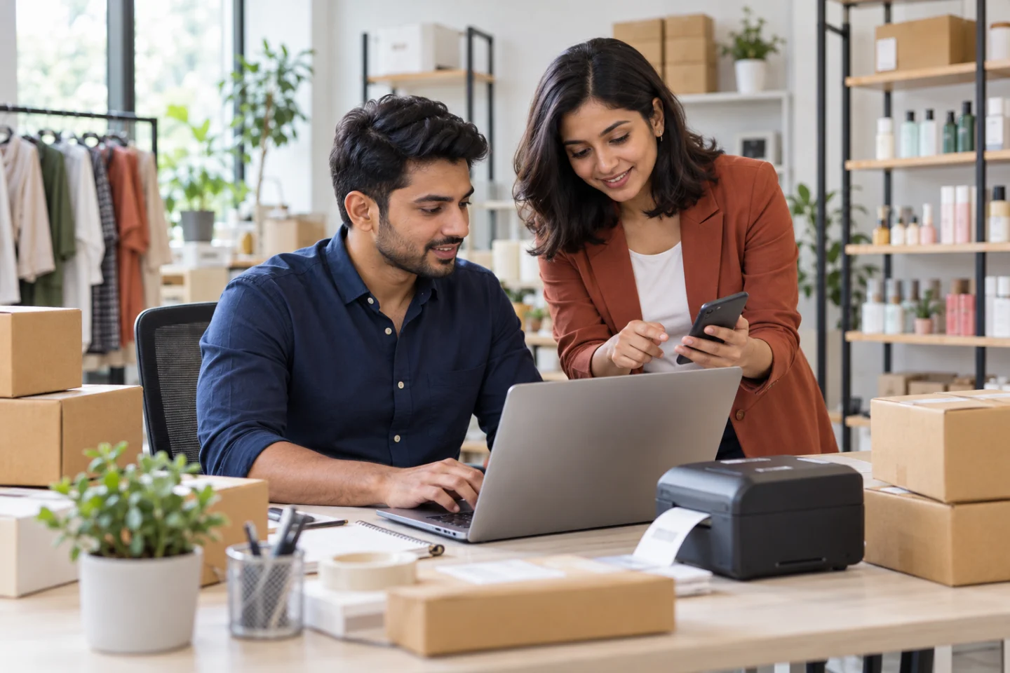 Illustrative scene of a seller copying order details between a phone and laptop