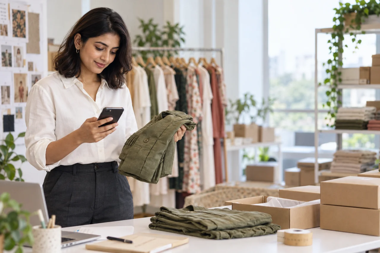 Illustration of a boutique owner showing a garment to a buyer over her phone